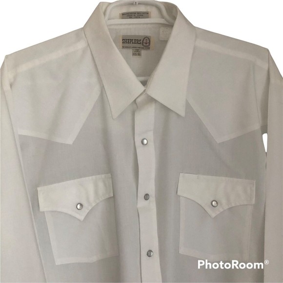 VINTAGE SHEPLERS WESTERN FIT SHIRT Pearl SNAP COWBOY Style White 17 1/2 35 C16 - Picture 2 of 4
